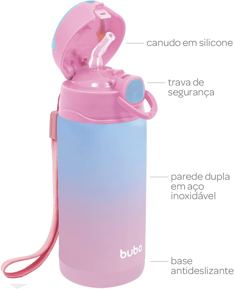 Copo Térmico Parede Dupla Com Canudo Rosa, Buba