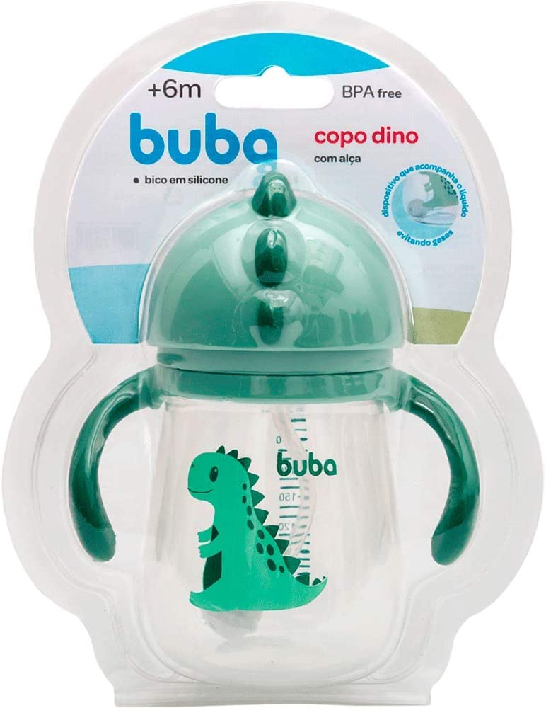 Copo Dino com Alça e Canudo Verde, Buba